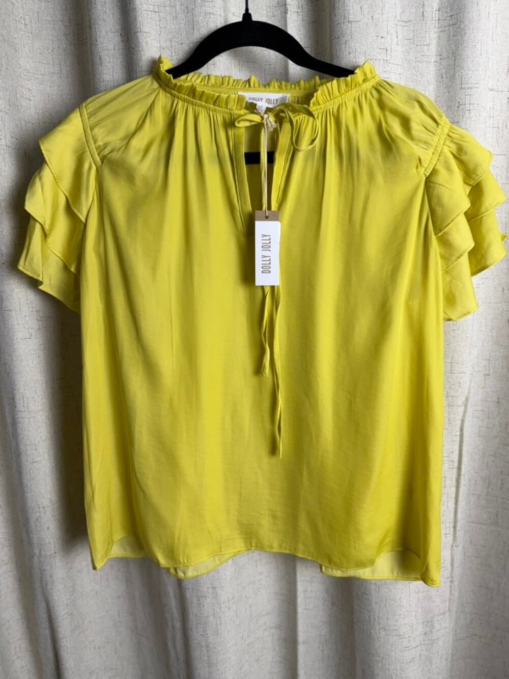 Dolly Jolly Chartreuse Ruffle Sleeve Tie Neck Blouse Size Small NWT